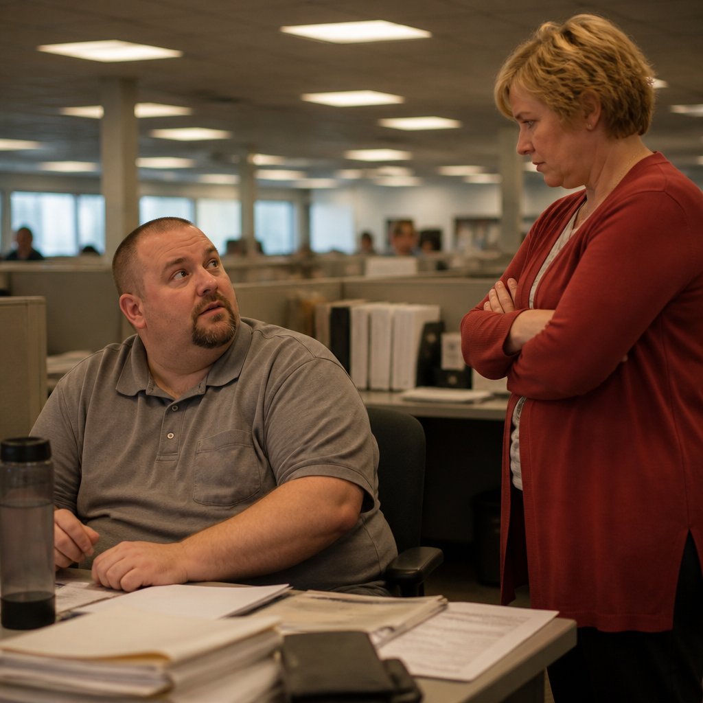 Man glancing anxiously over shoulder at manager in office.