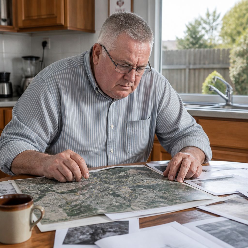 Man studies survey report and photos in kitchen with concern.