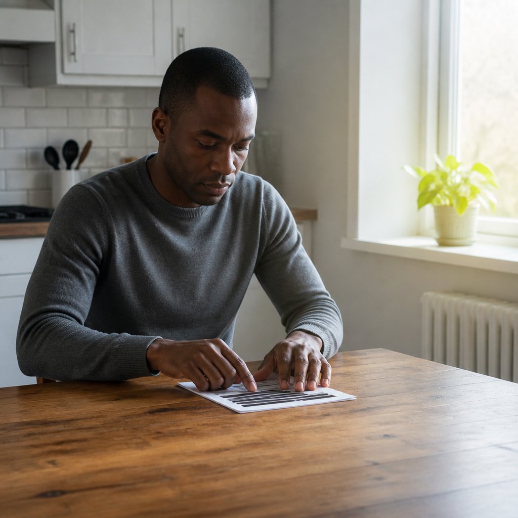 Man studying a redacted medical report at kitchen table, looking concerned.