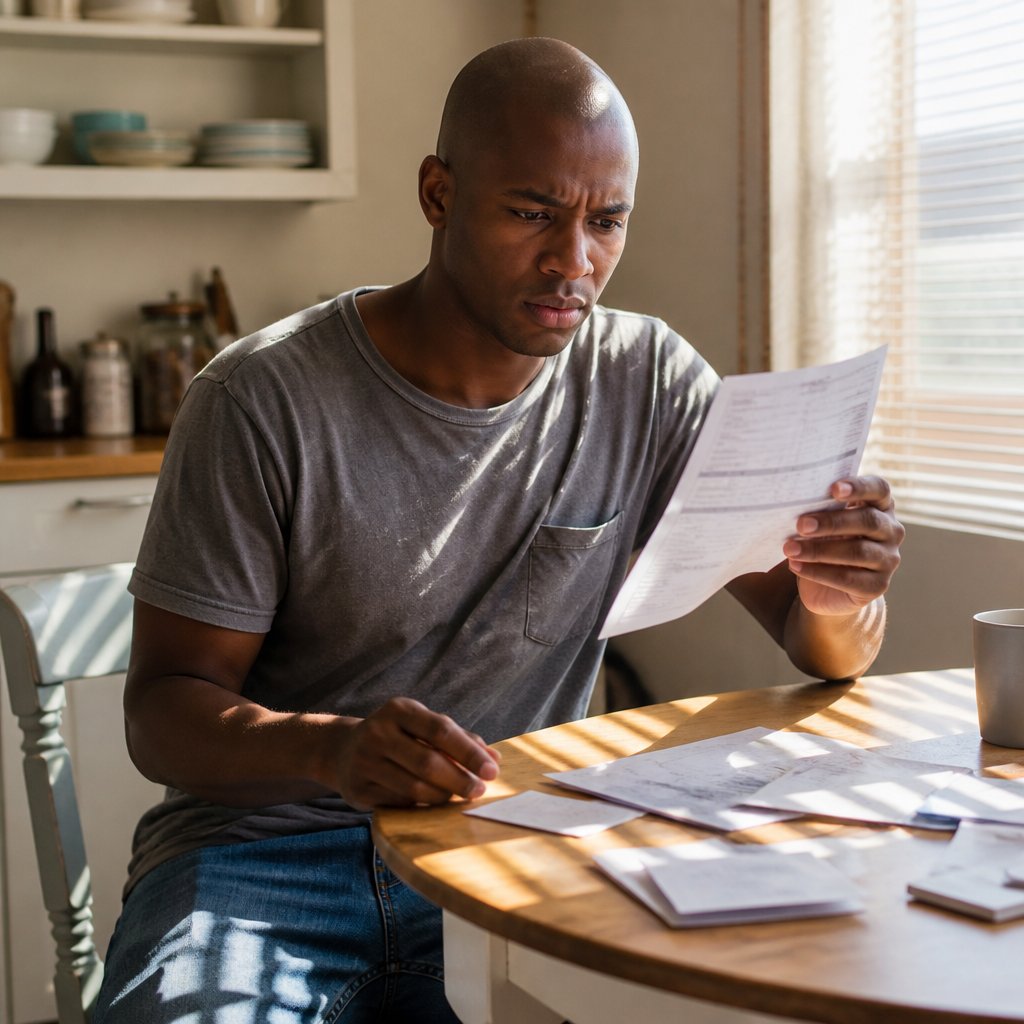 A young Black man looking puzzled at a medical bill while sitting at a cluttered kitchen table with morning light coming through blinds.