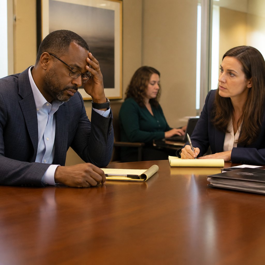 Doctor looking defeated during deposition while attorney watches with patient intensity