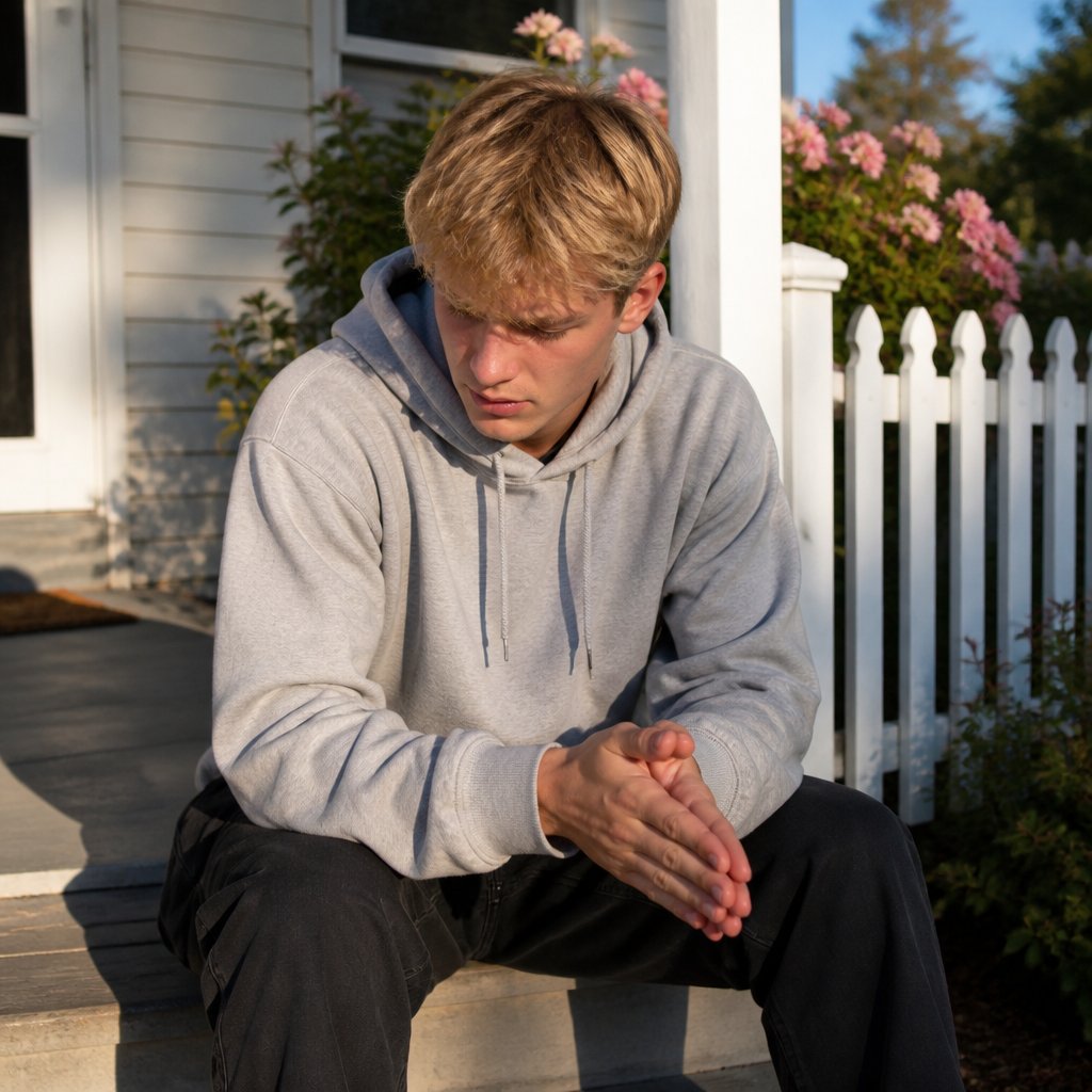 Young man sitting on porch step looking troubled with phone face down beside him