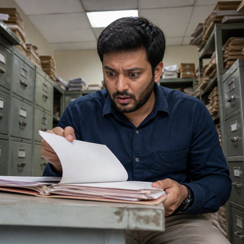 Man reviewing hospital medical records, shocked by a checked box indicating confirmed mutation.
