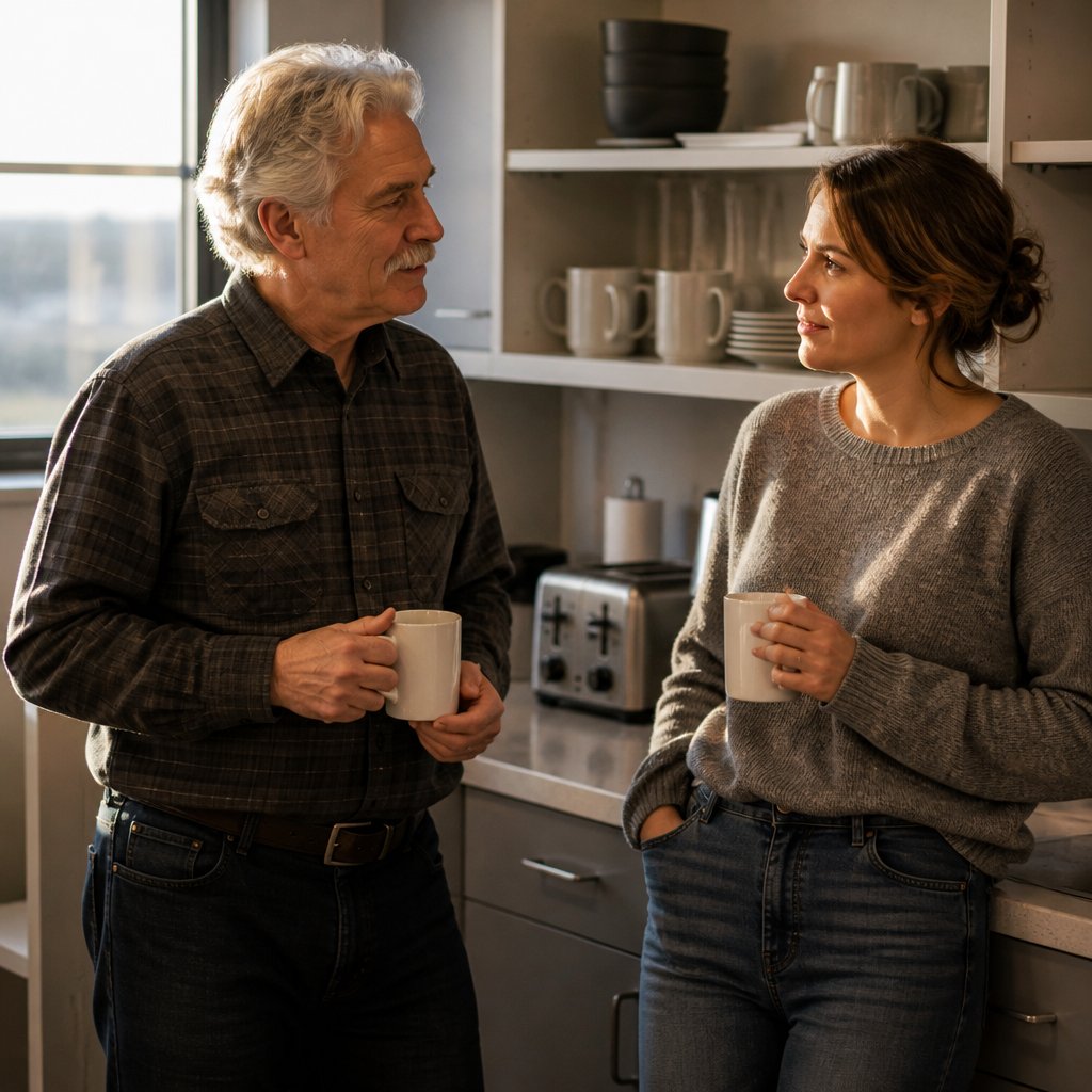 Man and female coworker whispering in office break room