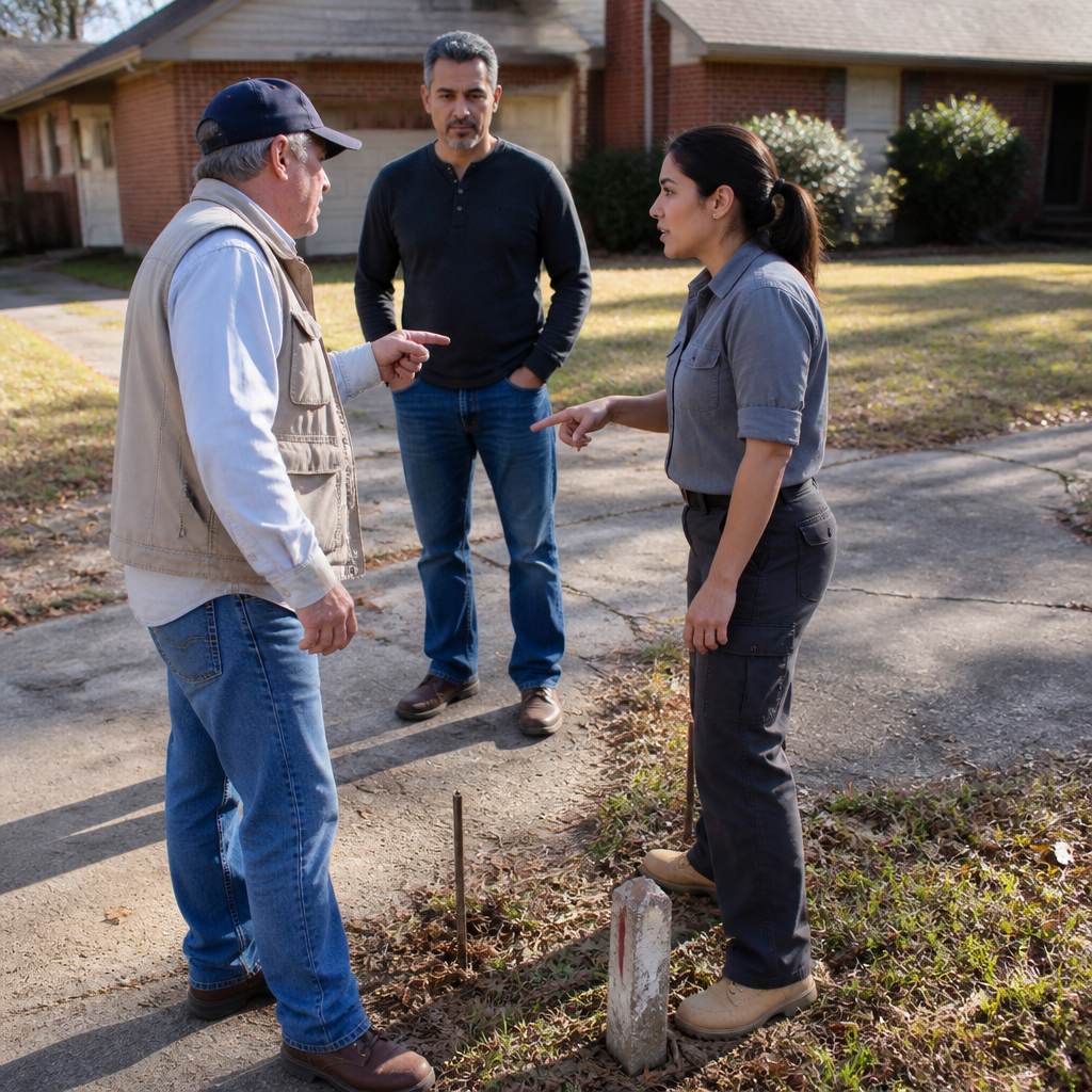 Man observes two surveyors debating over property pins in a suburban driveway.