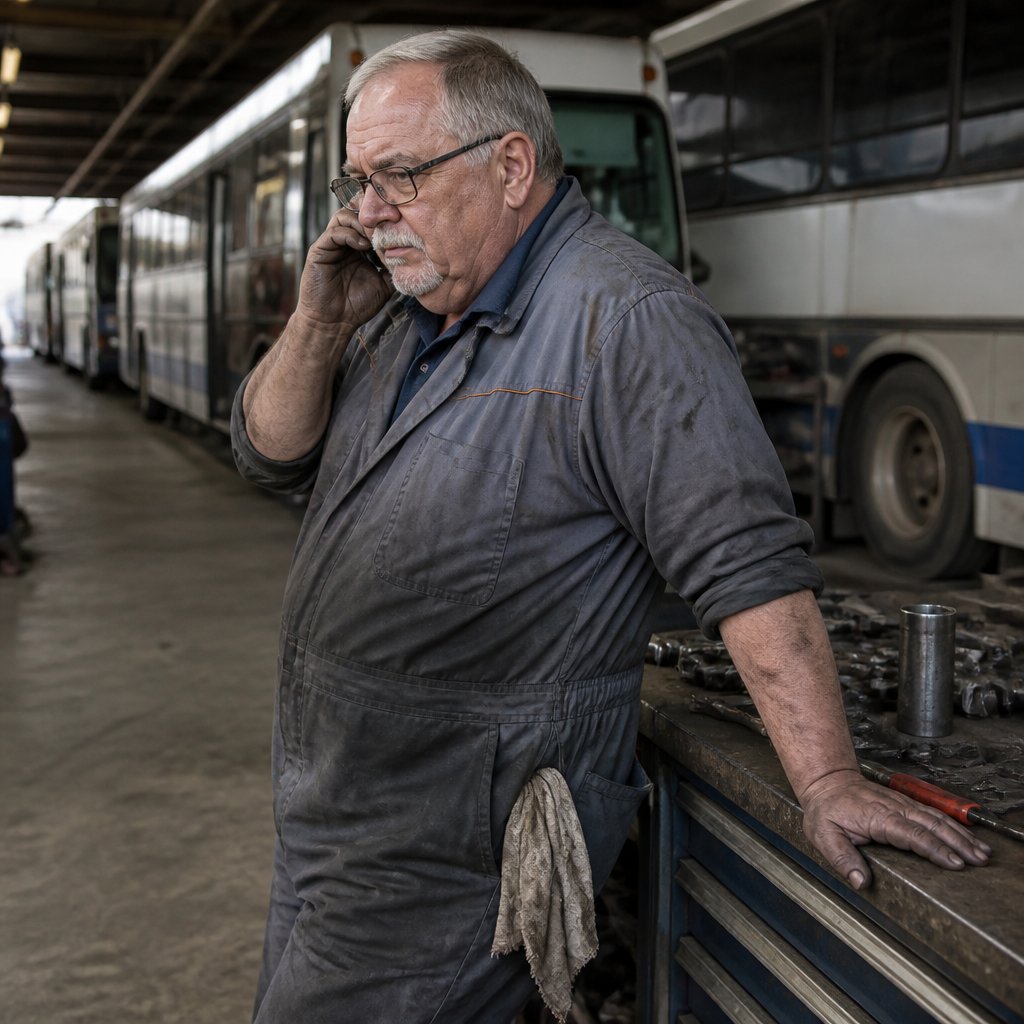 Mechanic speaking cautiously on phone in a dim bus garage.
