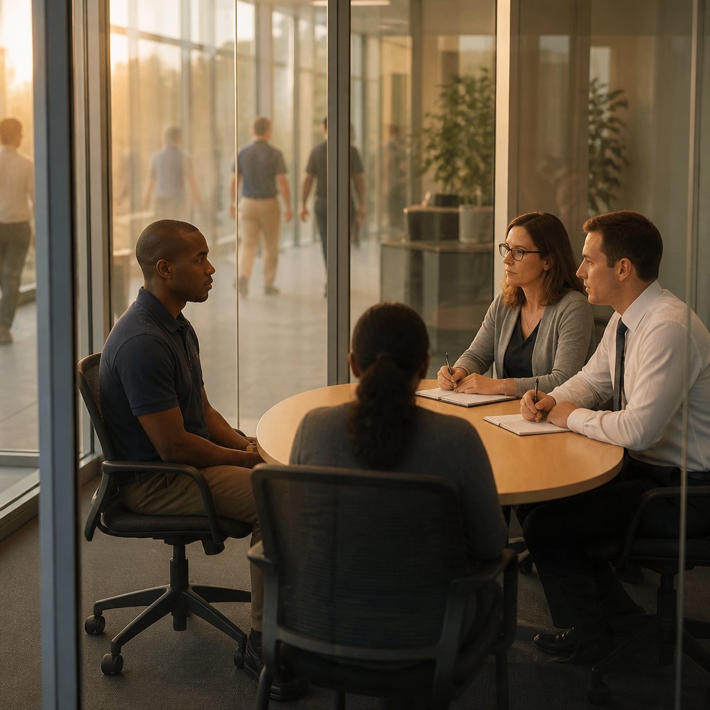 Man recounting sensitive details in glass conference room with open blinds and attentive HR staff.