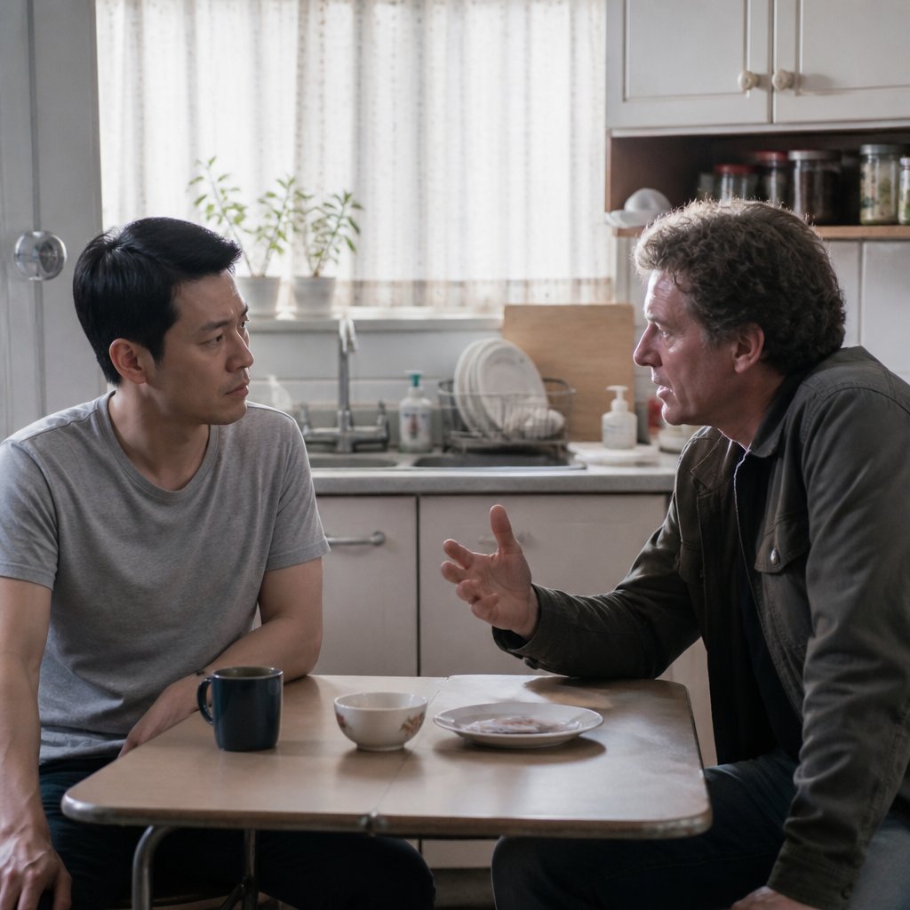 Two men negotiating property terms at a cramped kitchen table.