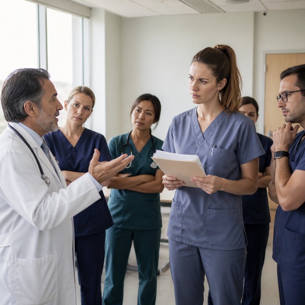 Medical director briefing dialysis team on new dialyzer policy, nurse looks uneasy.