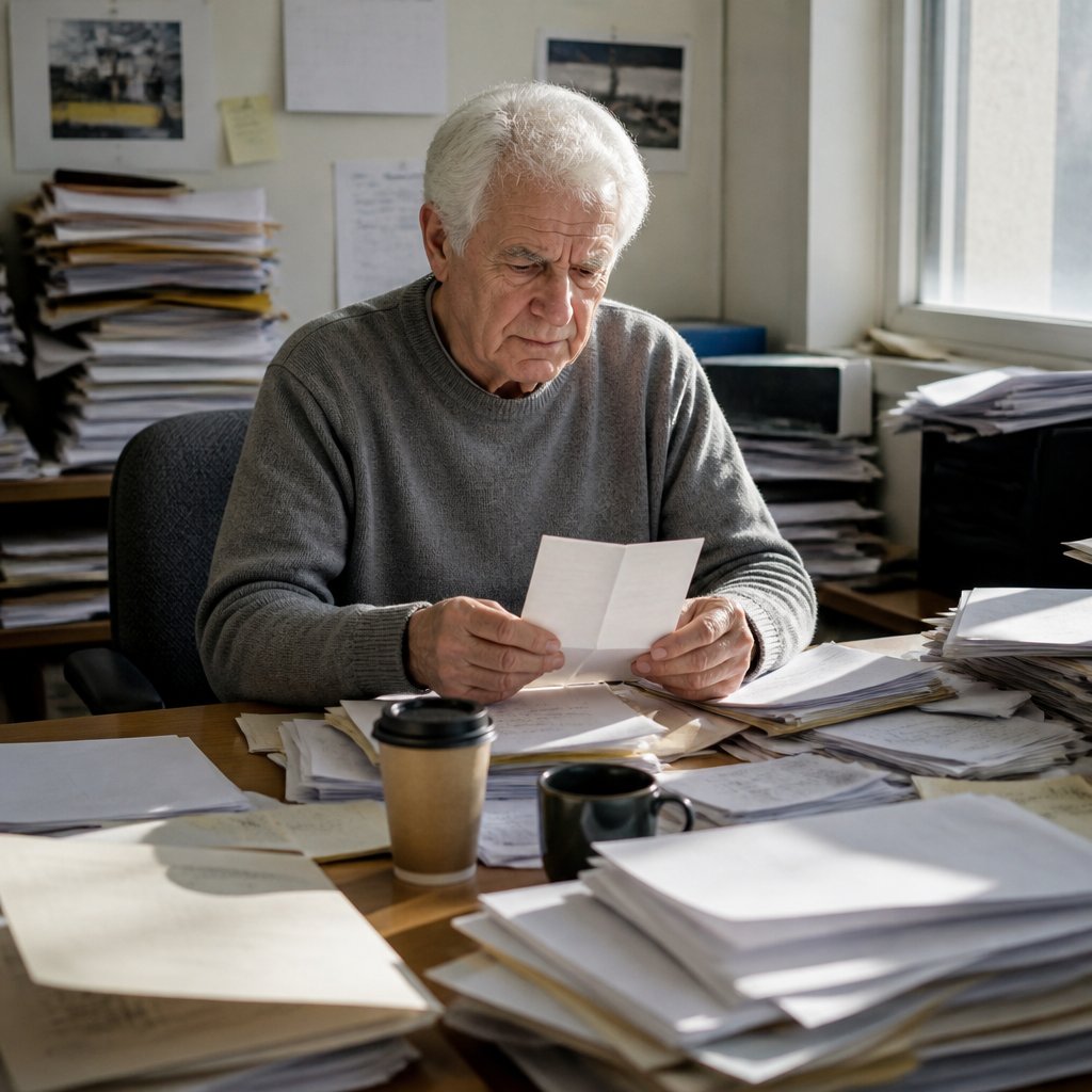 Man reading a letter at a cluttered desk, looking tense and thoughtful.