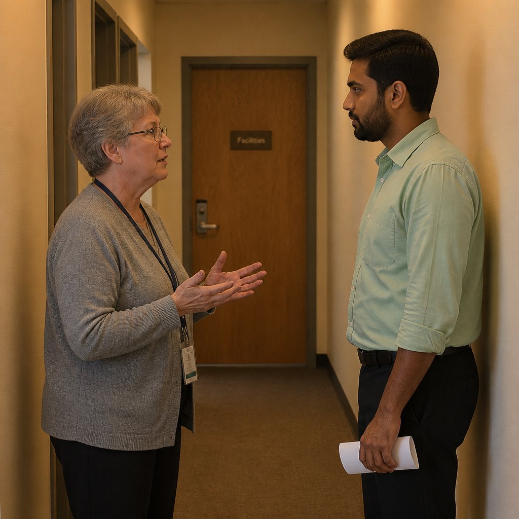 Facilities staff explaining no available security footage in a hospital corridor.