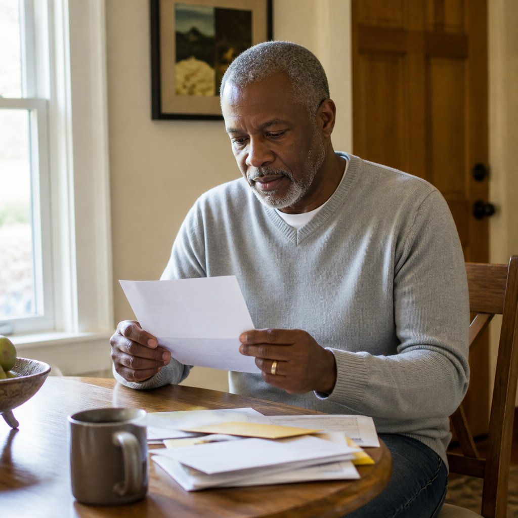 Man holding a certified letter at his dining table with scattered mail.