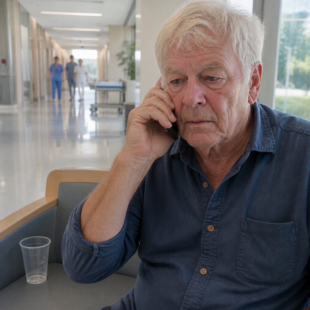 Concerned man on phone in hospital waiting area amid medical activity.