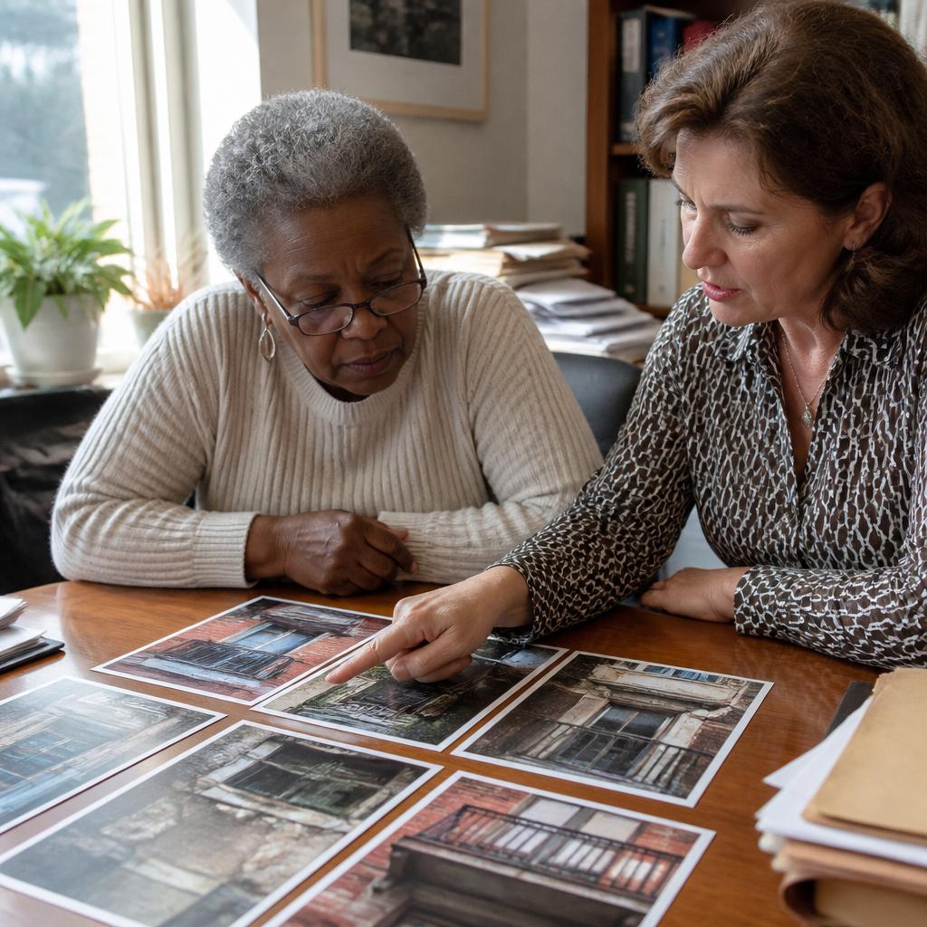 Black woman reviewing balcony photos with her lawyer in a cluttered office.