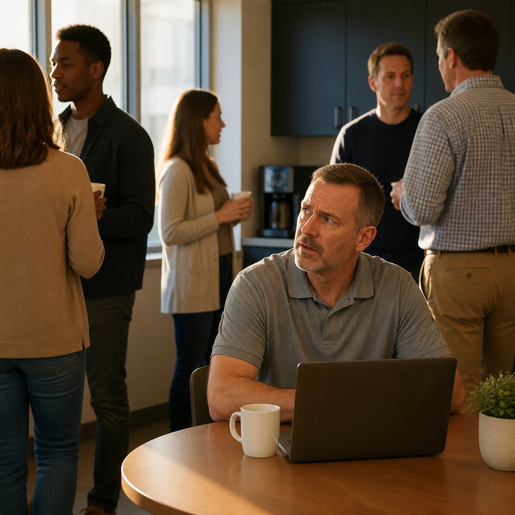 Man in gray polo frustrated with restricted laptop access in office break room