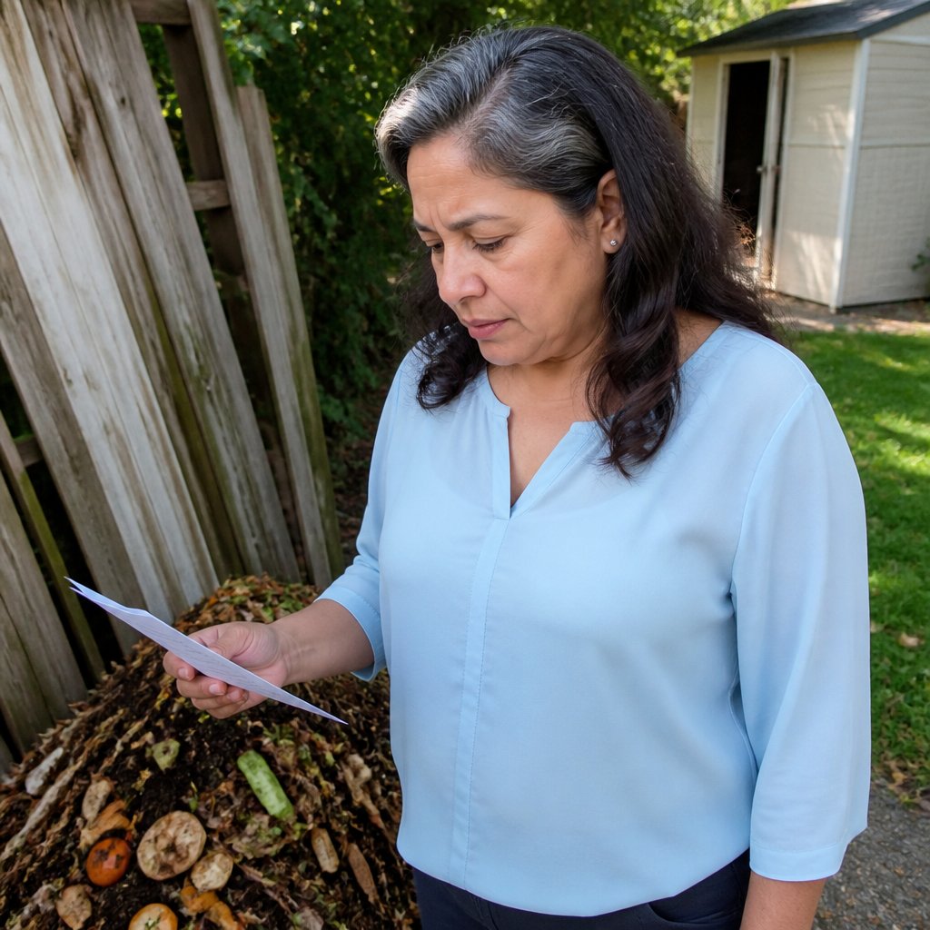 Woman holding letter near fence with compost pile close by, suburban backyard
