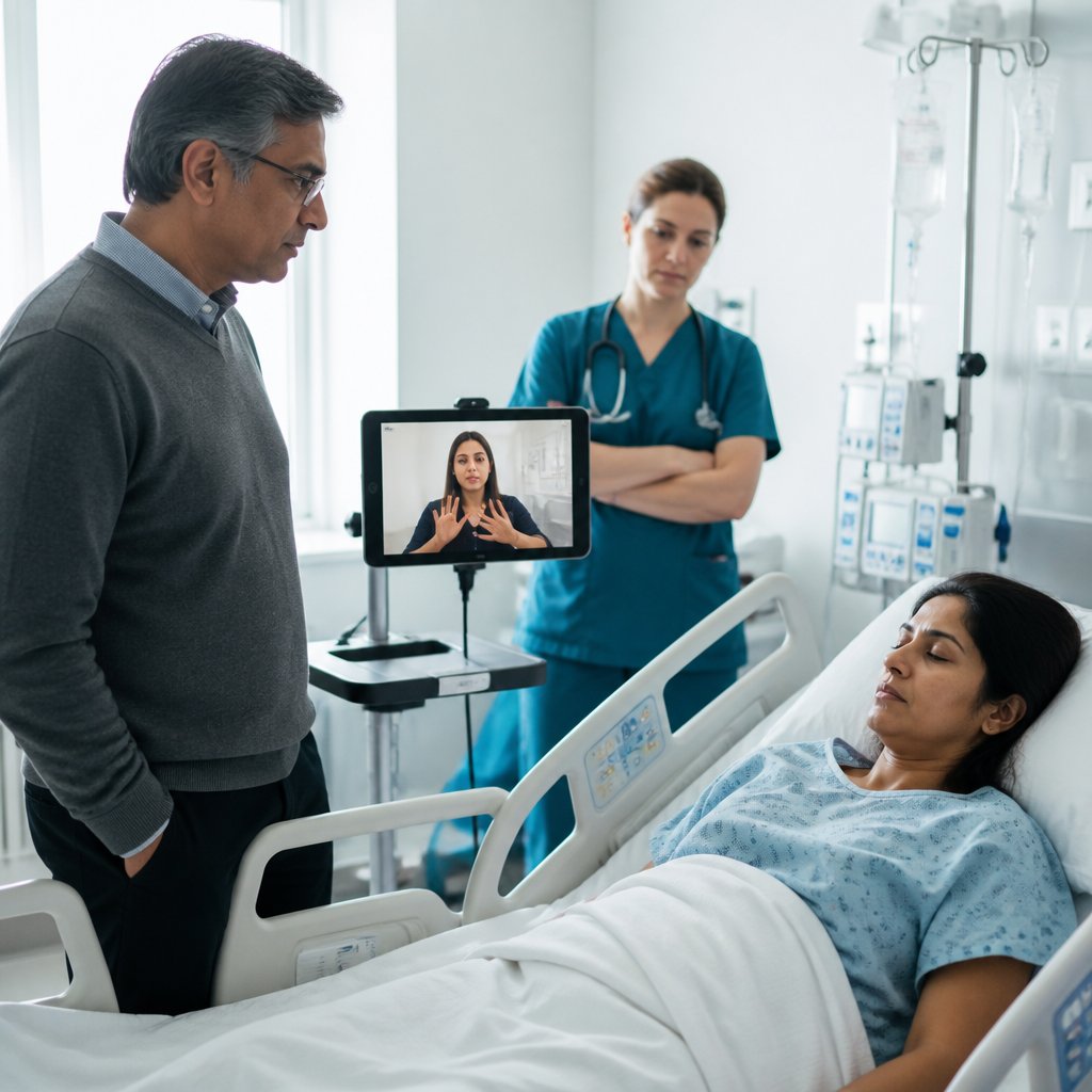 Man, mother, and video interpreter in ICU with unstable connection.