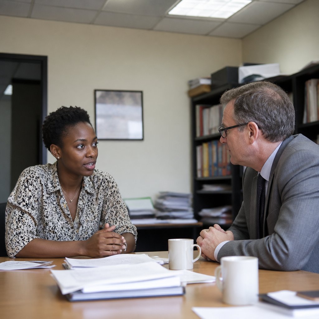 Woman and man in a conference room discussing papers, serious expressions.