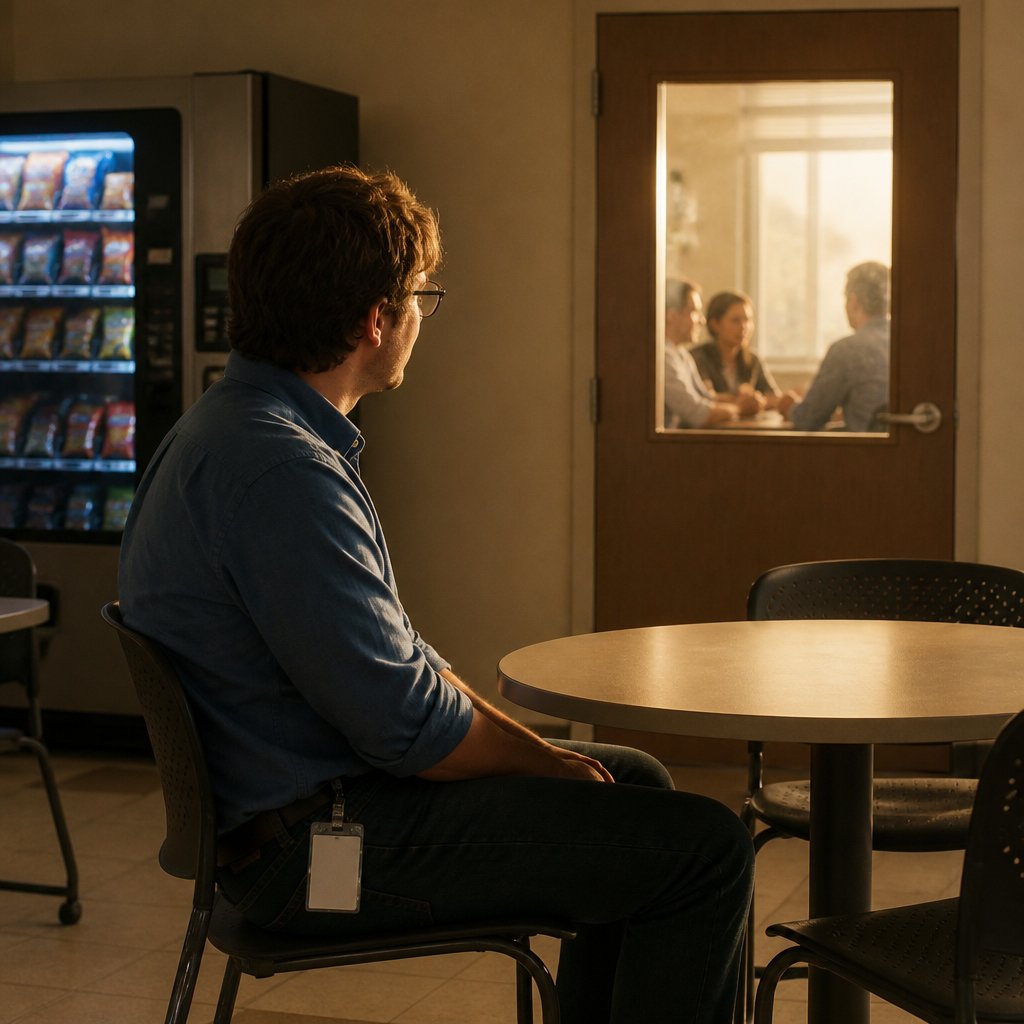 Young man sitting alone in corporate break room looking toward a closed meeting room door