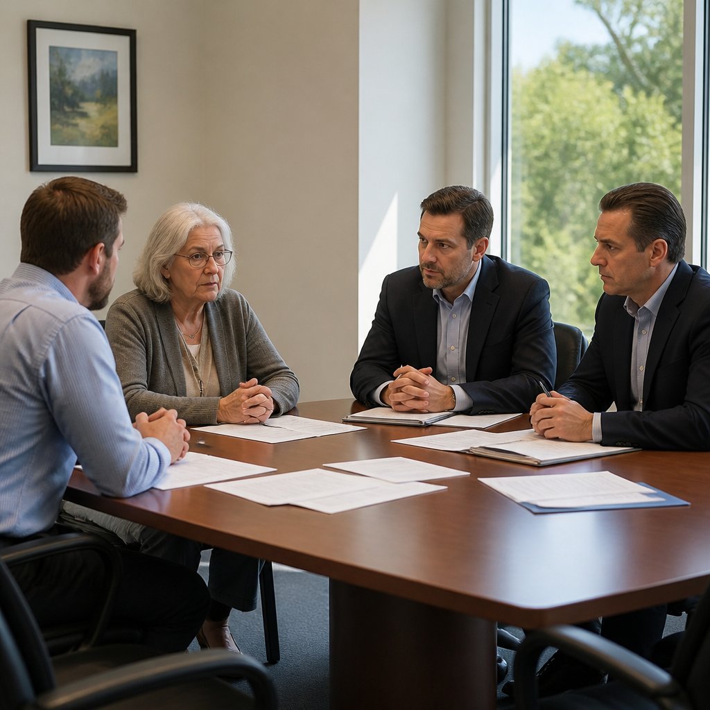 Four people in a conference room negotiating, two legal teams facing off.