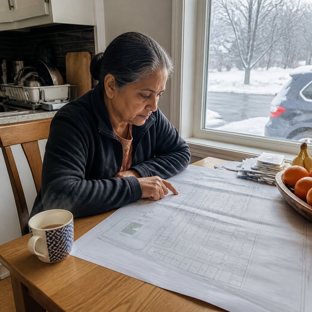 Woman examining survey map in kitchen, coffee cup steaming beside her; winter driveway visible through window.