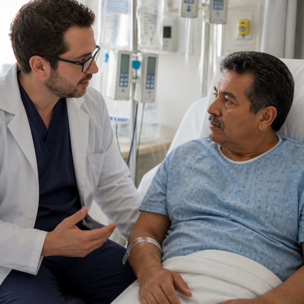 Pharmacist speaking quietly to a patient in a step-down hospital room during treatment.