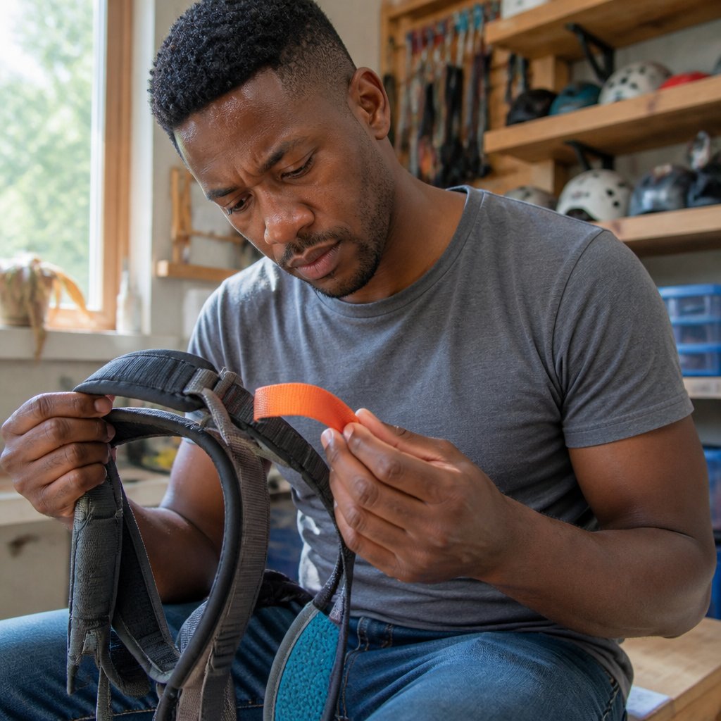Man inspecting climbing harness showing mismatched fabric labels in a workshop.