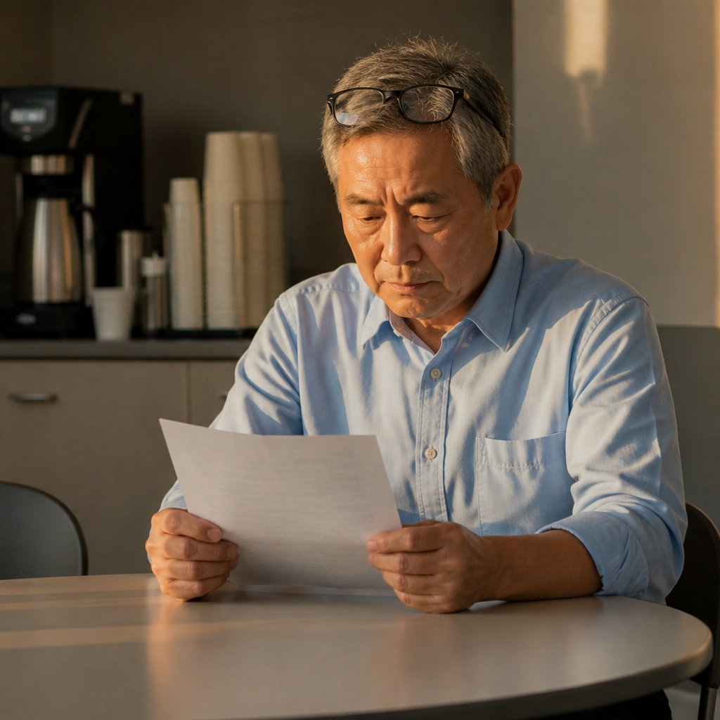 Man reading a vague apology letter alone in a corporate break room.