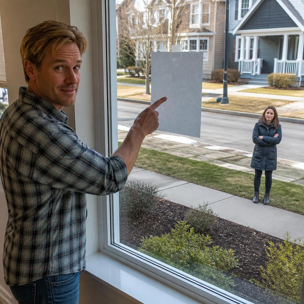 Man showing a city permit in front window while neighbor watches from afar