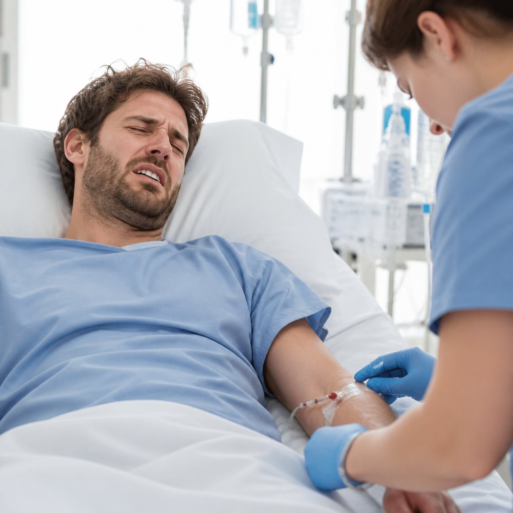 Patient grimacing in hospital bed while nurse adjusts arterial line on his wrist.