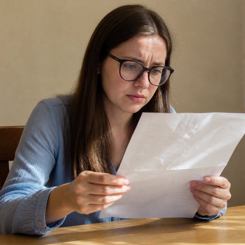 Woman closely examining an invoice at her desk, worry on her face.