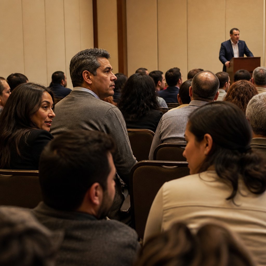 In a conference room, a tall Latino man sits watching a speaker as coworkers whisper nearby.