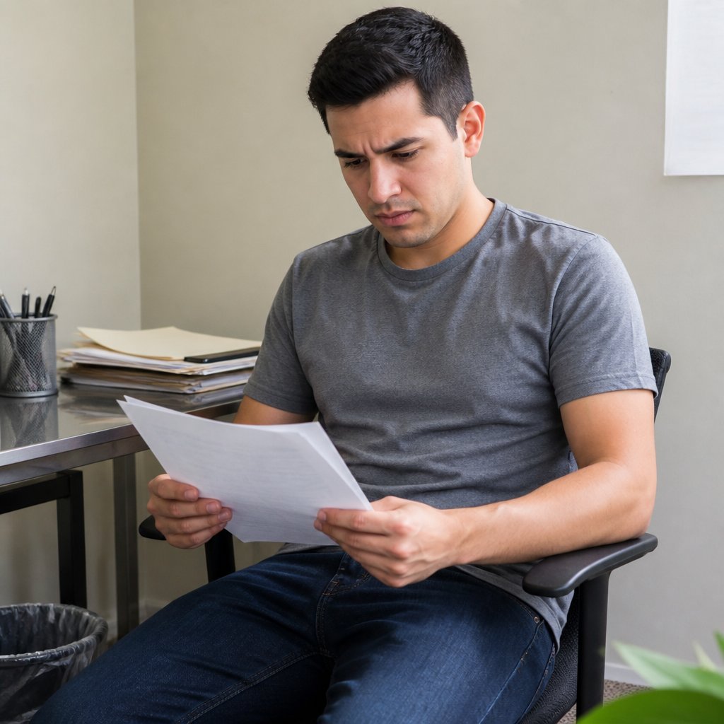 Man reading official emails in a plain office, looking frustrated.