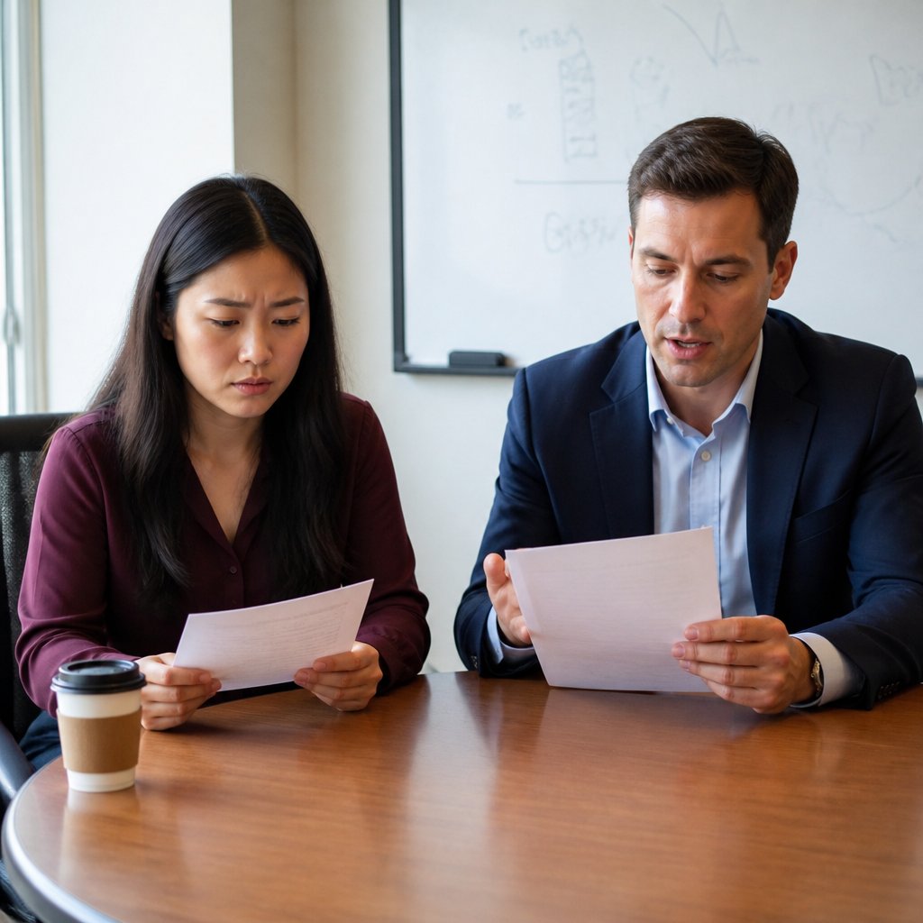 Legal meeting in a conference room where an East Asian woman hears a lawyer read a letter.