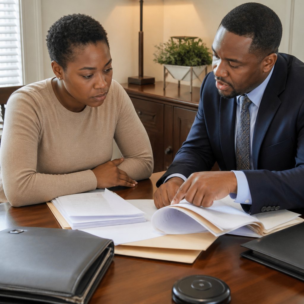 A mother and attorney examining detailed video evidence together.