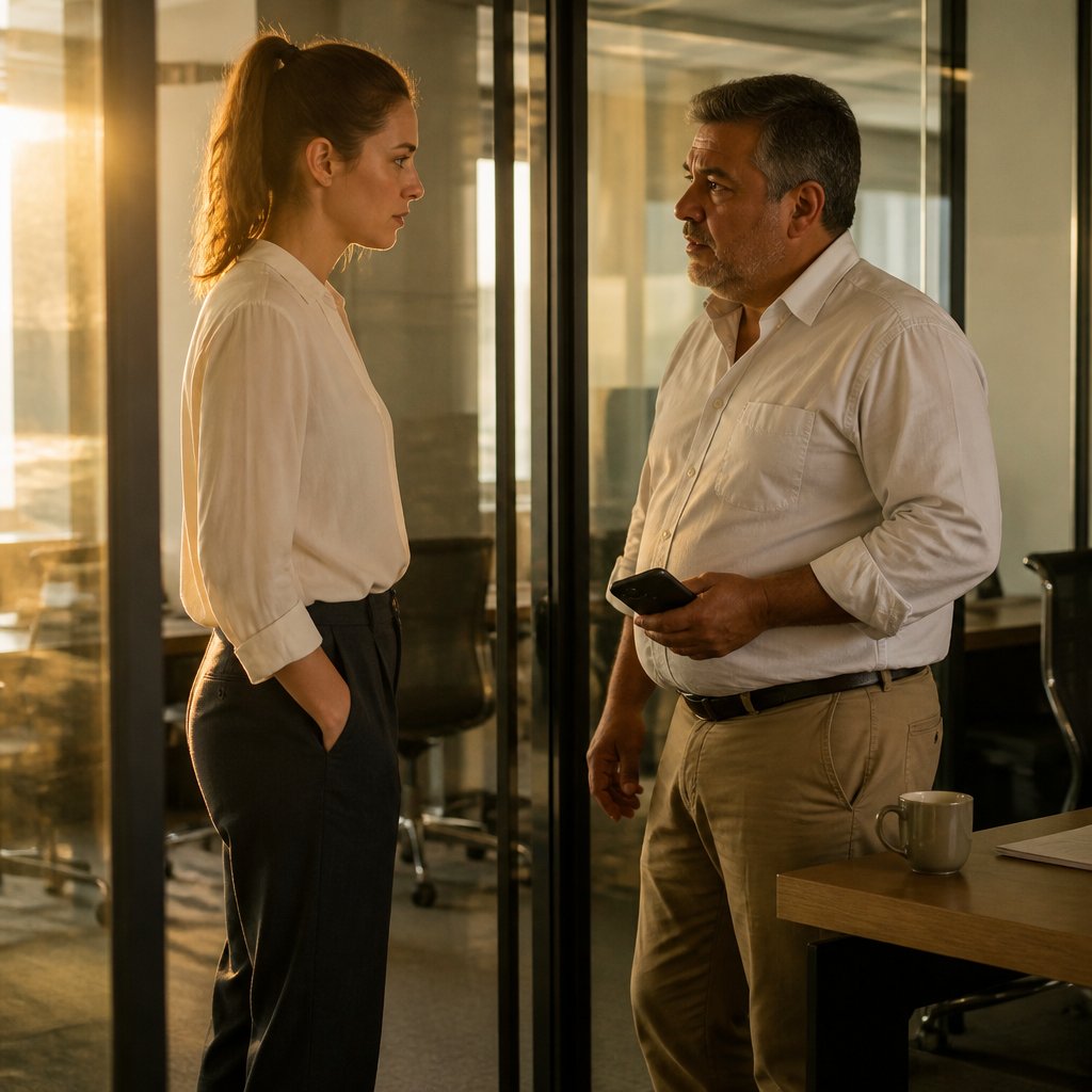 Woman and manager in a glass office, manager showing phone, serious expressions.