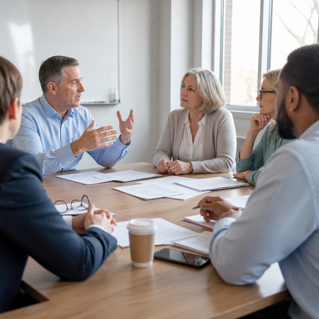 Surgeon complaining during hospital administration meeting with tense expressions.