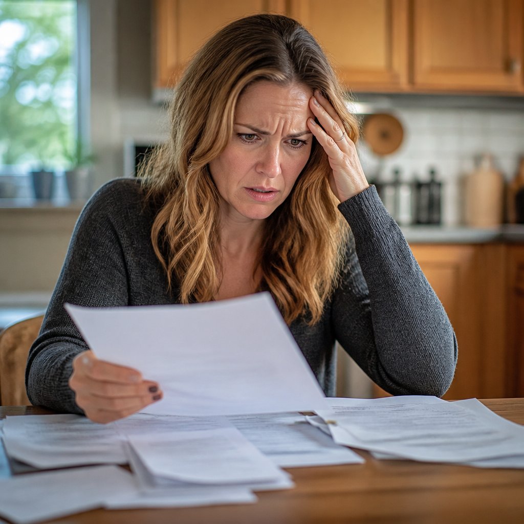 Woman indoors looking frustrated over papers at a kitchen table.