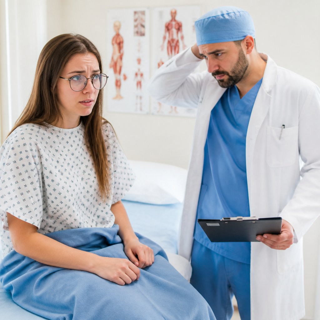 Surgeon speaking with anxious woman on exam table, consultation room setting.