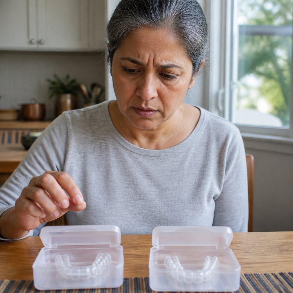 Woman staring anxiously at mismatched orthodontic trays laid out on the dining table.