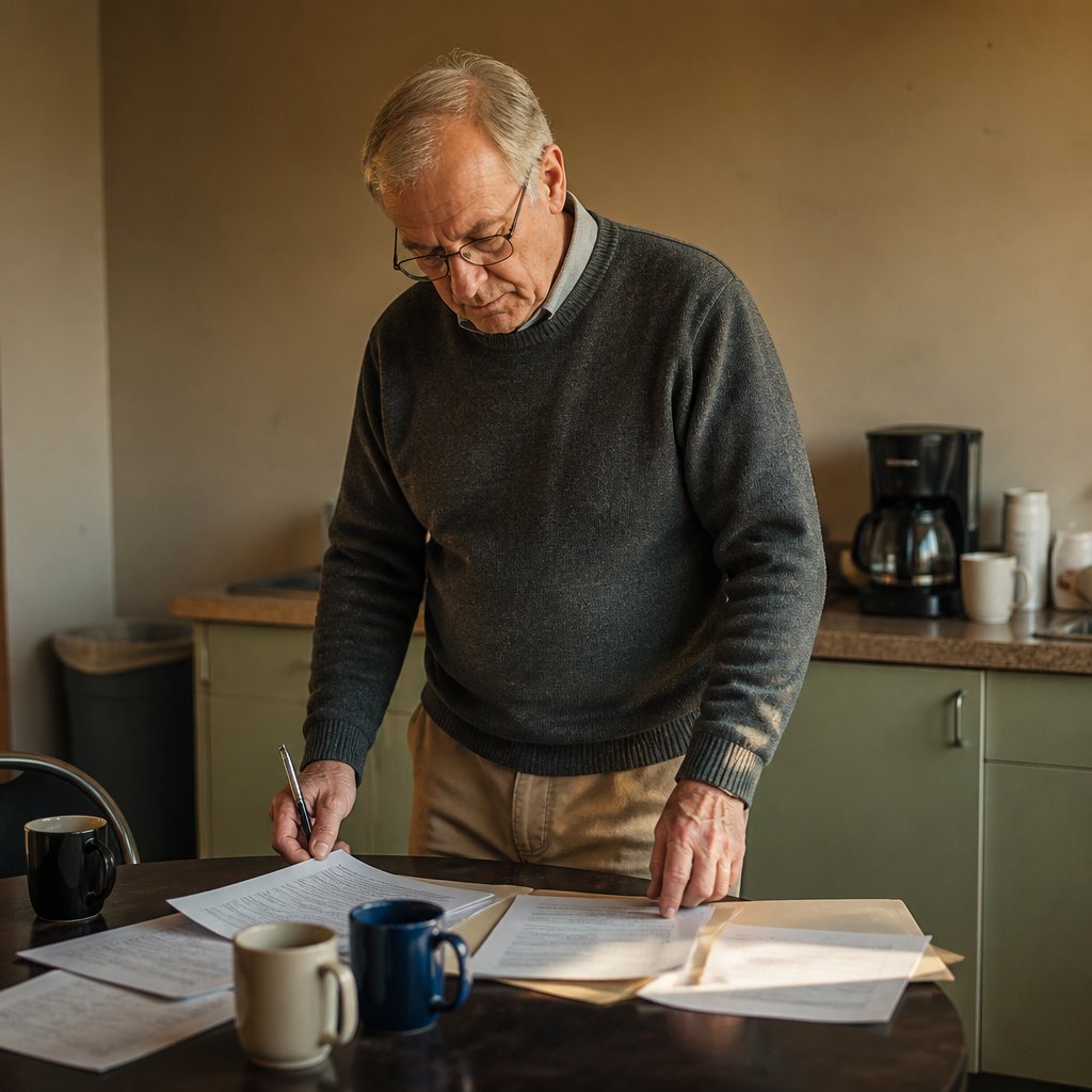 Older man reviews printed documents in a workplace break room.