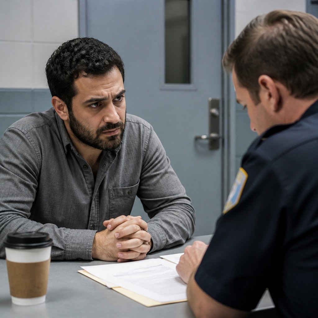 Man discussing police report with an officer in an interview room.