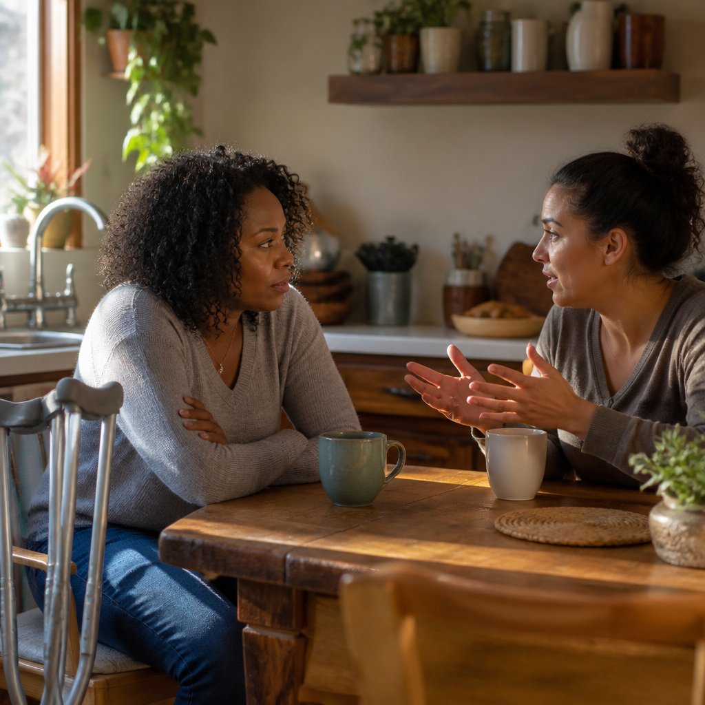 Two women having a serious conversation over coffee at a kitchen table