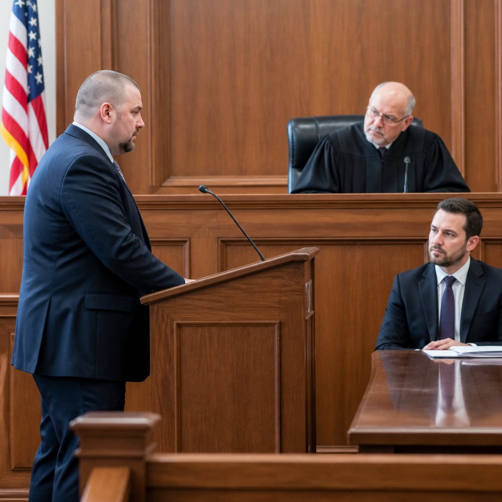 Judge looking sternly at plaintiff's attorney in American courtroom