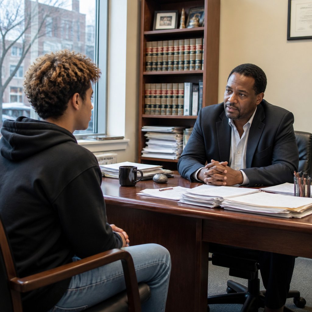 A young man talking to a lawyer in a small office filled with books and papers.