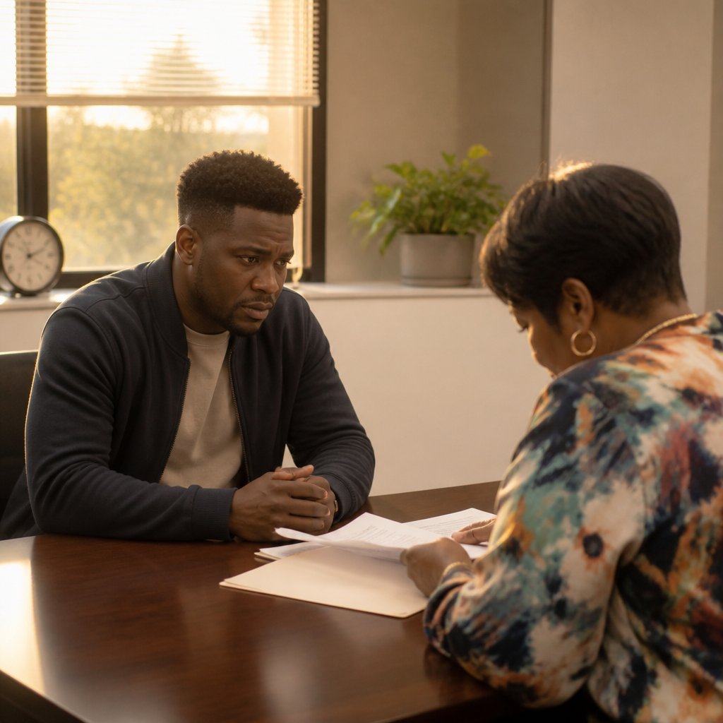 Man facing HR representative in office during tone complaint meeting.