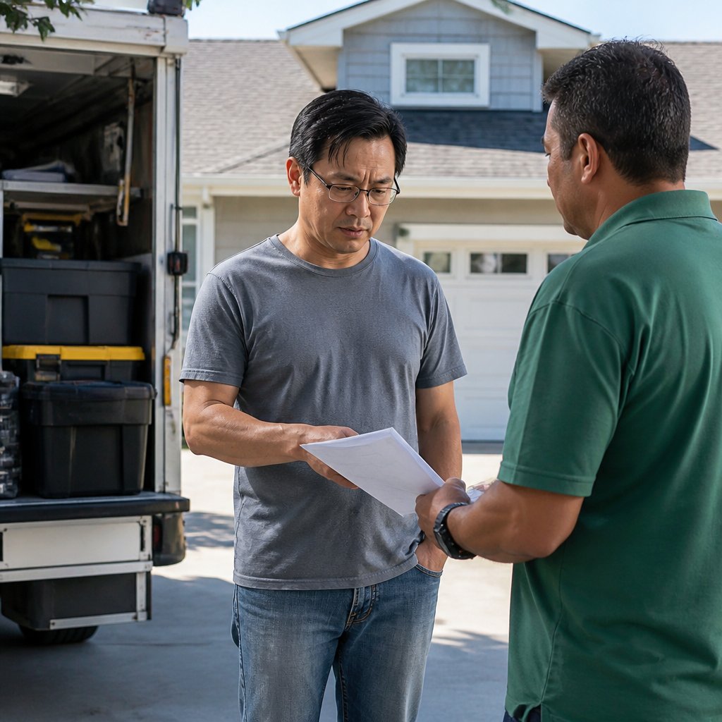 Man hesitating to sign fence approval papers handed by contractor in driveway.