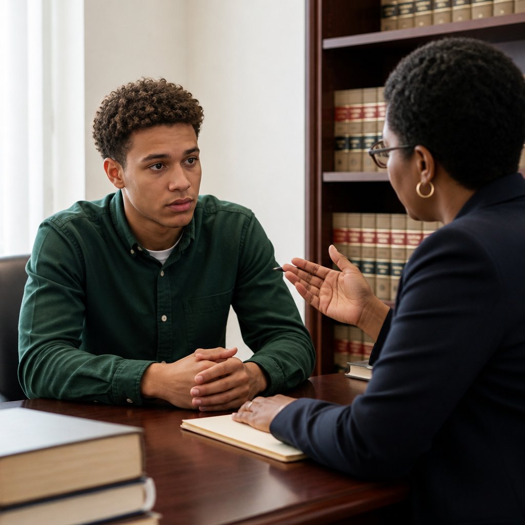 Young man consults seriously with his female lawyer in a legal office.