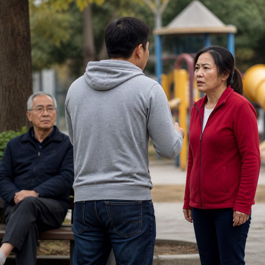 Man watches tense exchange between woman and man recording on phone in park