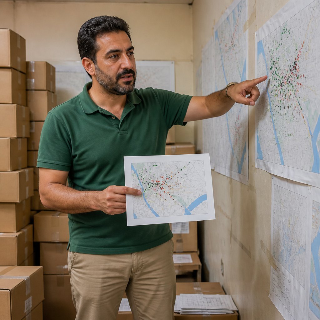 Man analyzing shipping addresses in a warehouse-like back office